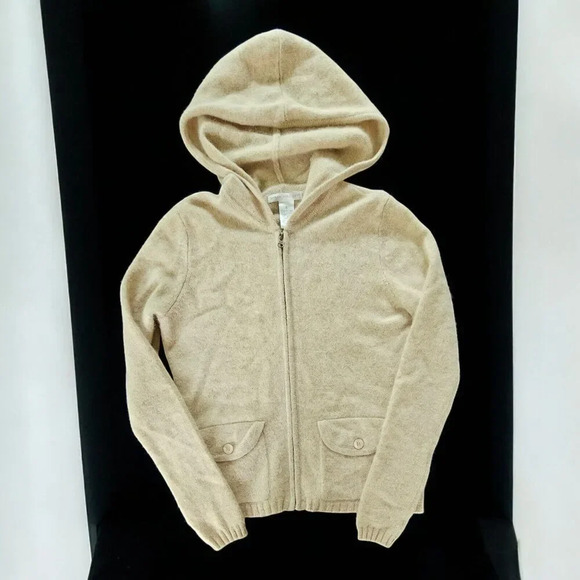 Lambswool Angora Zipper Hooded Cardigan Sweater Light Academia Tan Small - Picture 1 of 8